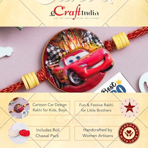 Image of eCraftIndia Cartoon Car Design Rakhi for Kids Girls Boys with Best Bro Ever Fridge Magnet | Raksha Bandhan Fridge Magnet Kids Rakhi for Brother Bhaiya Bhai | Roli Chawal Pack