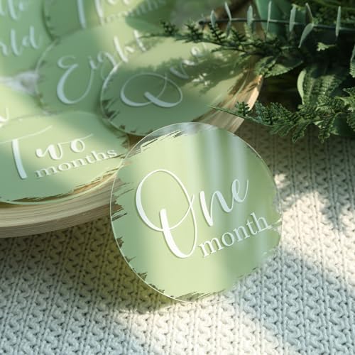 Image of UNIQOOO 13Pcs 4'' Baby Monthly Milestone Cards with Printed Sage Green, Photo Props Discs, Round Baby Months Growth Sign for Boy, Girl, One Month to One Year & Hello World Card, New Baby Gifts