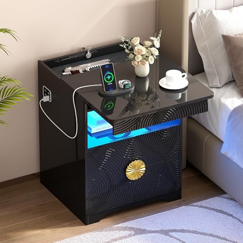 Image of LED Nightstand with Gun Drawer, Modern Bedside Table with 3-Color Lights & Human Sensor, Smart Night Stand with Charger Station, 2 Drawers End Table for Bedroom, Black