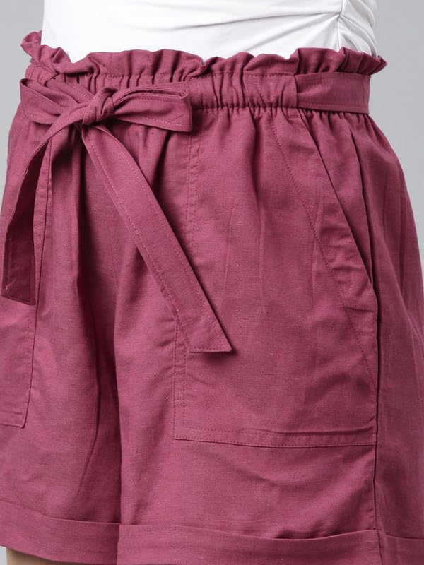 Image of GO COLORS Women Solid High Rise Relaxed Fit Linen Shorts