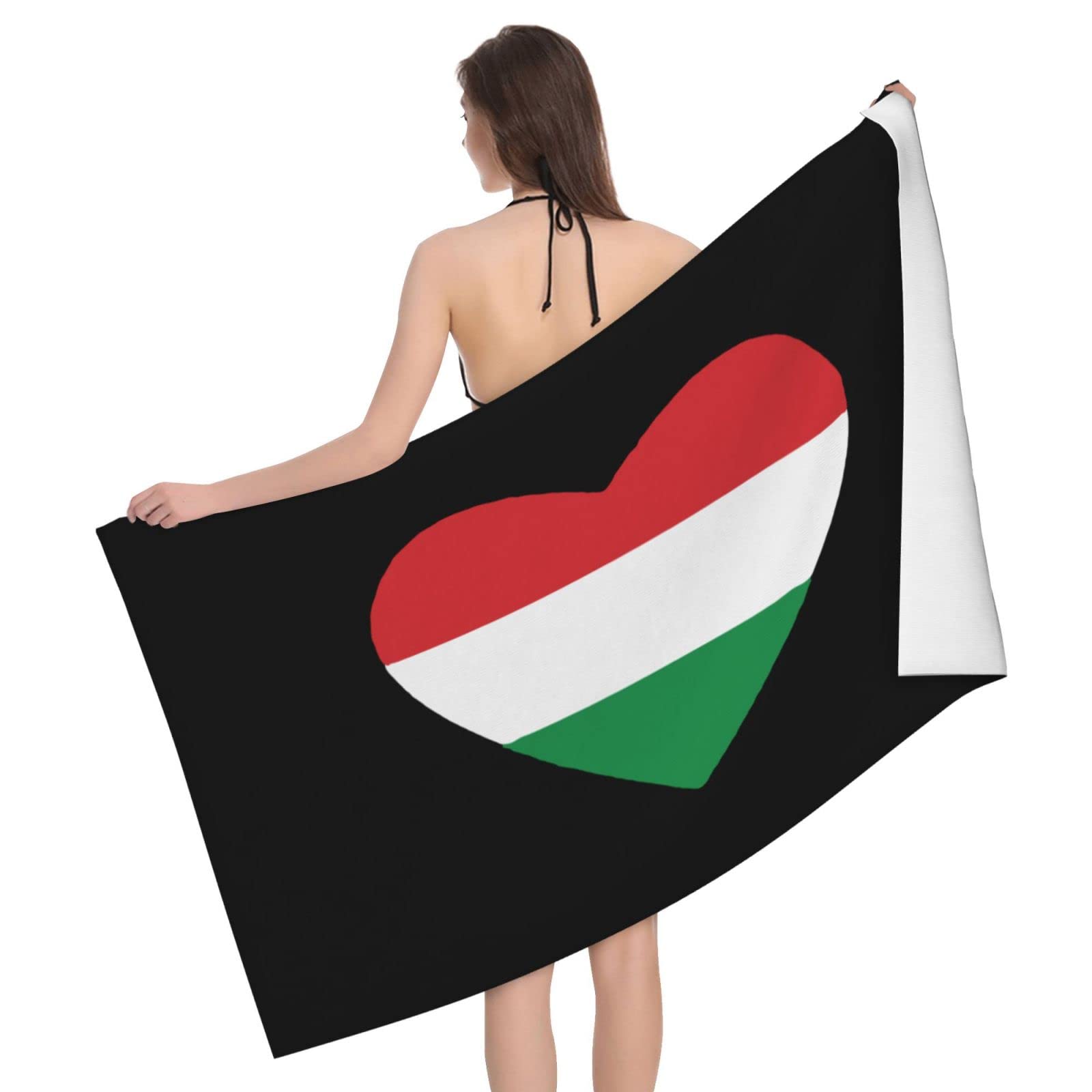 Lsjuee Flag of Hungary Heart Beach Towel Absorb Water Quick Dry Bath Towel, for Beach, Swimming Pool, Camping