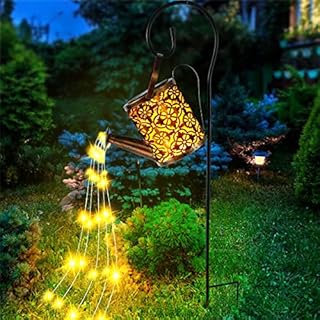 Solar Watering Can Light, Large Watering Can Solar Lights Garden Ornaments, Outdoor Waterproof Waterfall String Lights Retro Metal Garden Fairy Lights with Bracket for Pathway Patio Yard