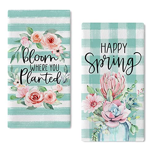 Seliem Happy Spring Succulent Flower Cactus Kitchen Dish Towel Set Of 2, Rose Wreath Plants Mint Green Buffalo Plaid Stripes Hand Towel Drying Baking Cooking Cloth, Bloom Kitchen Decor 18X26 Inches #TOP9