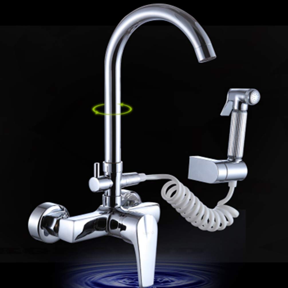 ZYCHSJXA Wall Faucet Kitchen Mixer Three Way Chrome Brass Tap Dual Sprayers Sink Tap,C