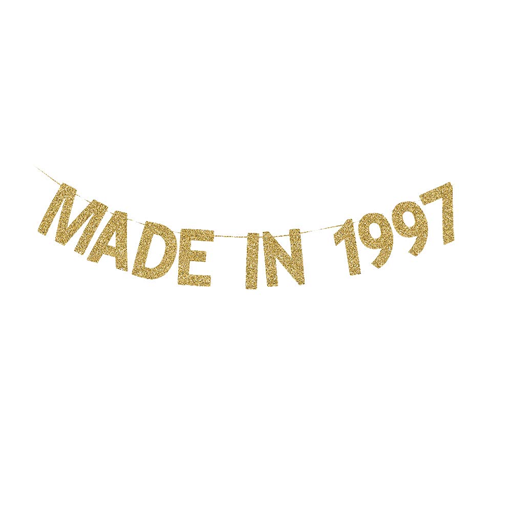 Made in 1997 Shiny Gold Gliter Paper Banners, Fun Birthday Sign for 25th Birthday Party Decorations