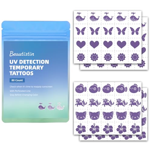 UV Temporary Tattoos Stickers for Sunscreen - 80 Count UV Detection Temporary Tattoos Stickers Know When to re-Apply Sunscreen Sun Protection Reminder 8 Cute Pattern Types Gray before Color Change