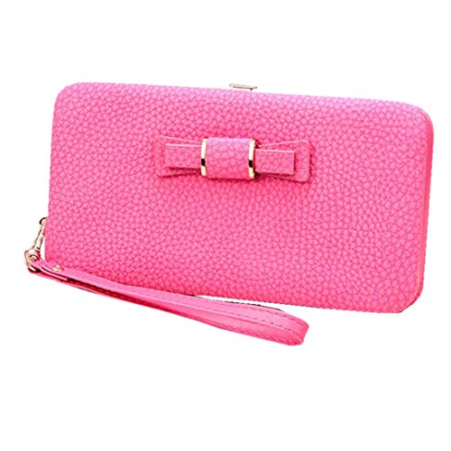 Litchi Prints Phone Wallet Case for Women Bow Leather Long Clutch Wallet Purse for 6 inch Cellphone Coin Card Pocket Wristlet Handbag (Plum)