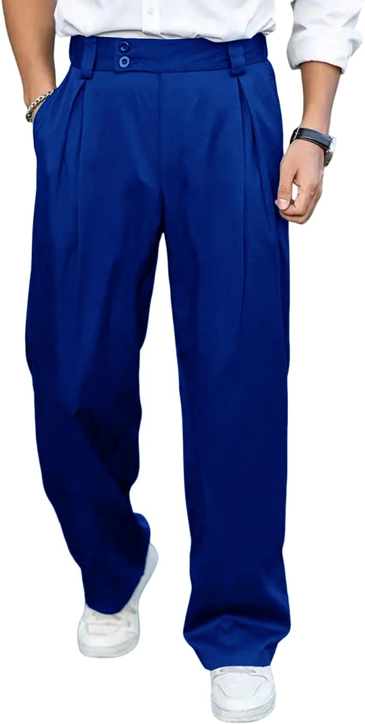 Men's Dress Pants Pleated High Waisted Expandable Straight Suit Trousers
