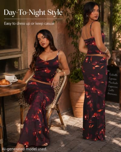 Image of Two Piece Skirt Set Women Maxi Long Skirt and Top Outfit | Soft stretchy 5 pc, slim bodycon, adjustable spaghetti straps, ruched crop tank, elastic waist, going out, beach vacation