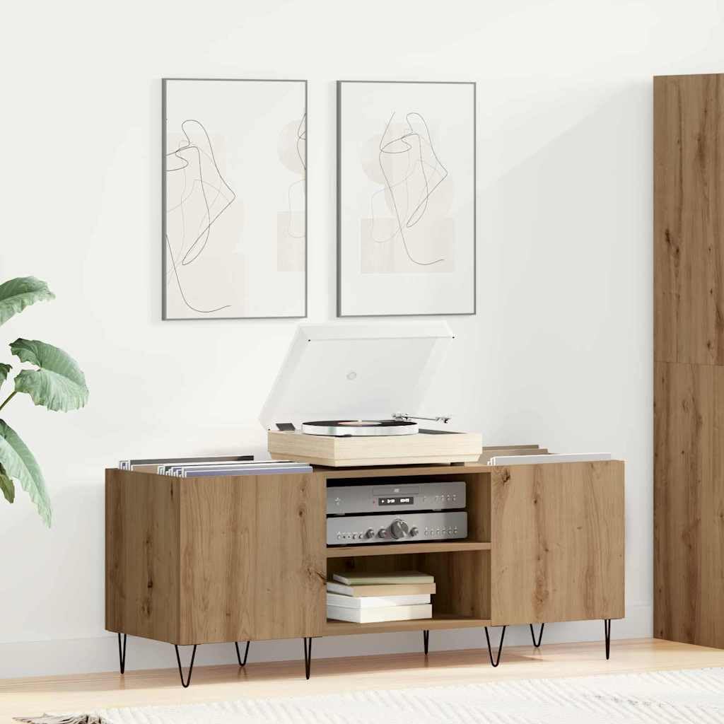 Armadietto per dischi in rovere Artisan con mensola in legno e ferro, 121 x 38 x 48 cm, con 2 ante, ampio spazio per vinile, CD, DVD, fono