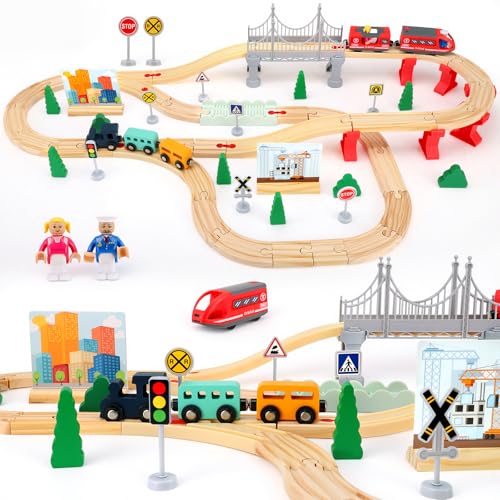 Ensemble de Train en Bois Biebuxo 72 Pcs Circuit Train Enfant avec Rails en Bois, Jouet pour Enfant 3-7 ans, Accessoires Inclus: Voitures, Tracteur, Pont,...
