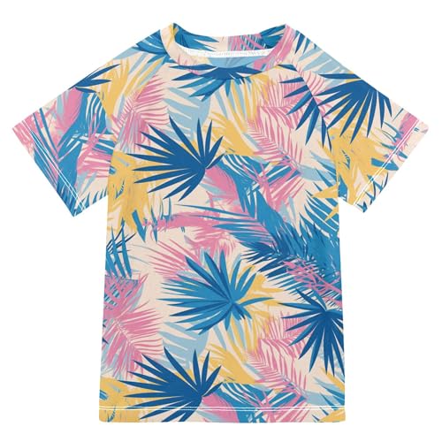 Palm Leaves Beige and Blue Bathing Suit Girls UV Protection Athletic Clothes Swimwear Beach Tops 3T