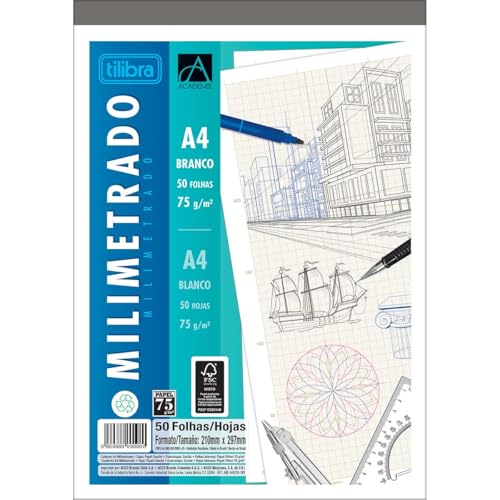 Tilibra - Caderno Colado Milimetrado A4 Branco Académie 50 Folhas - 1 un