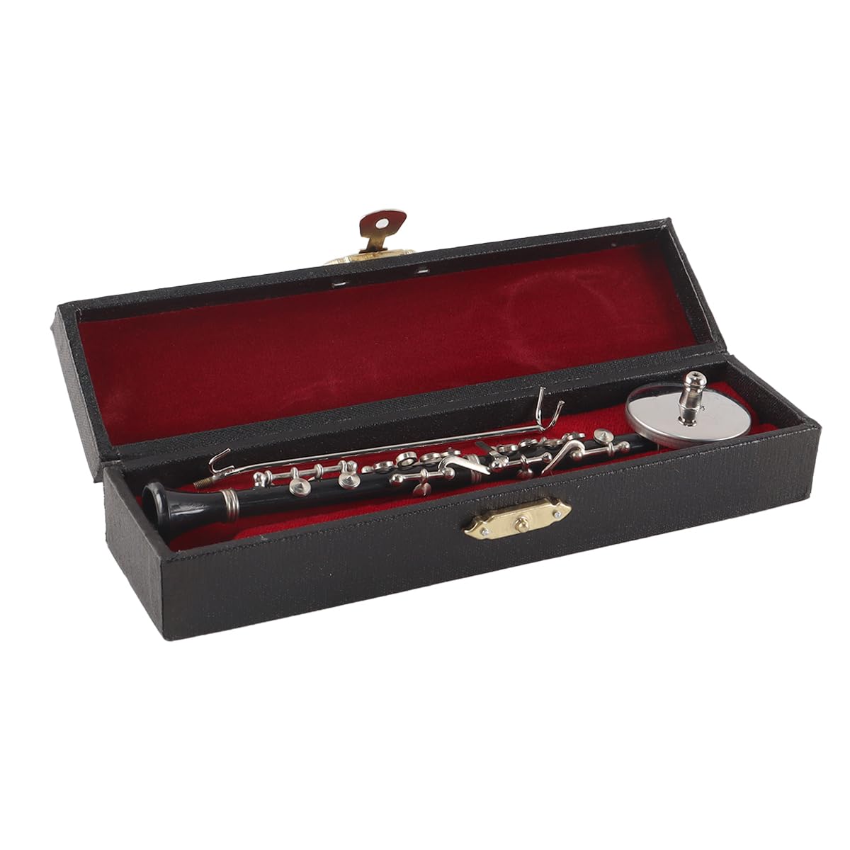 Spilla decorativa in vinile nero in metallo, modello di clarinetto basso in miniatura, 16 cm, scala 1/6, con custodia nera e supporto.