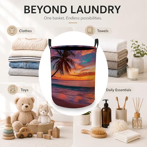 Image of Laundry Hamper, Tropical Beach Collapsible Sunset Palm Laundry Baskets Waterproof Oxford Cloth With Handles, Clothes Storage Bucket For Bathroom /Bedroom 16 inch x 20.8 inch