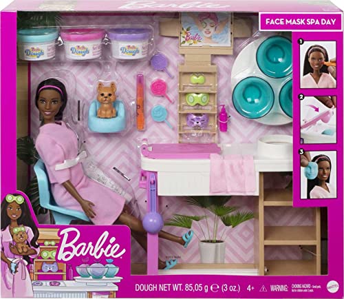 Barbie Face Mask Spa Day Playset With Brunette Barbie Doll, Puppy, 3 Tubs Of Barbie Dough And 10+ Accessories To Create And Remove Face Blemishes On Doll And Puppy, Gift For Kids 3 To 7 Years Old #TOP5