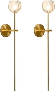 BOKT Mid Century Modern Gold Crystal Wall Sconce Set of Two Brushed Brass Gold Long Wall Sconce Lighting Set of 2 Vintage Clear Glass Hard-Wired Wall Lamp for Bedroom Bedside Living Room