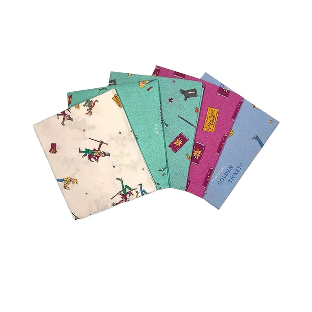 Roald Dahl Charlie and The Chocolate Factory Cotton Fat Quarters Bundle 5 Pack (100% Cotton Fabric, Ideal for Crafts, Quilting)