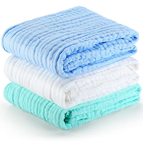Image of Tranqun 3 Pcs Muslin Baby Blanket Baby Bath Towel 41.3 x 41.3 Inch Baby Wash Cloth 6 Layer Cotton Towel Reusable Blankets Soft and Absorbent for Newborn Infant Essentials, Blue, White, Green