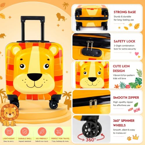 Image of Storite 18In Kids Luggage Trolley Hard Shell Cabin Suitcase | Cartoon Lion Face Design Suitcase Ideal For School Trips Vacations Holidays And Weekend Travel (Yellow - 35 x 23 x 38 Cm)