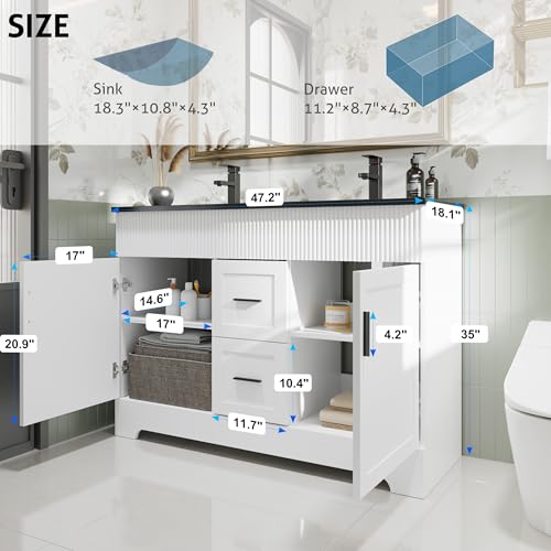Image of eclife 48 inch Bathroom Vanities Sink Combo with Painted Surface, Modern Drawered Cabinet W /Decorative Wave Lines, Undermount Double Black Sink, Matte Black Faucet Drain, White