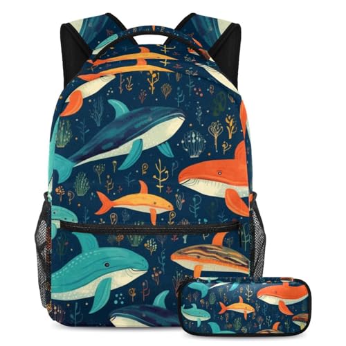 Cartable baleines océaniques colorées grand sac à dos scolaire avec trousse fille garçon