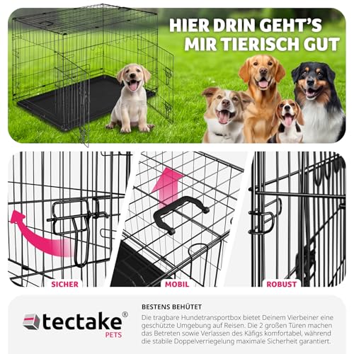 tectake® Hundekäfig, Hundegitter Box, Dog Kennel, Hundebox faltbar, Transportbox stabil, für Hunde und Welpen, für Kofferraum, Auto, Camping und Zuhause, Wohnung - 91,5 x 59,5 x 64 cm