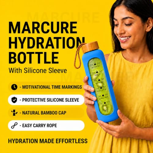 Image of Borosilicate Glass Water Bottle with Silicone Sleeve | Natural Bamboo lid | perfect for Home, Fridge, Office, Gym, Travel | BPA Free | Blue