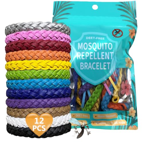 Mosquito Repellent Bracelet 12 Pack Adjustable Leather Deet-Free Natural Insect Mosquito Bands for Kids Adult Outdoor Camping Fishing Traveling