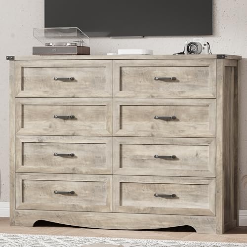 Image of Dresser for Bedroom with 8 Drawers, 54 inch Wide Wood Chest of Drawers with Deep Drawers & Mental Handle, Modern Dresser TV Stand, Wooden Closet Storage Organizer for Living Room, Hallway, Entryway, Grey