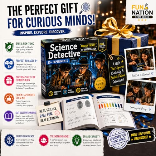 Image of FUN NATION Science Experiment Kit for Kids Ages 8-12 | STEM Science Detective & Spy Kit with 25+ Chemistry Experiments, Fingerprint Investigation, Magnifying Glass & Periscope | Birthday & Return Gift