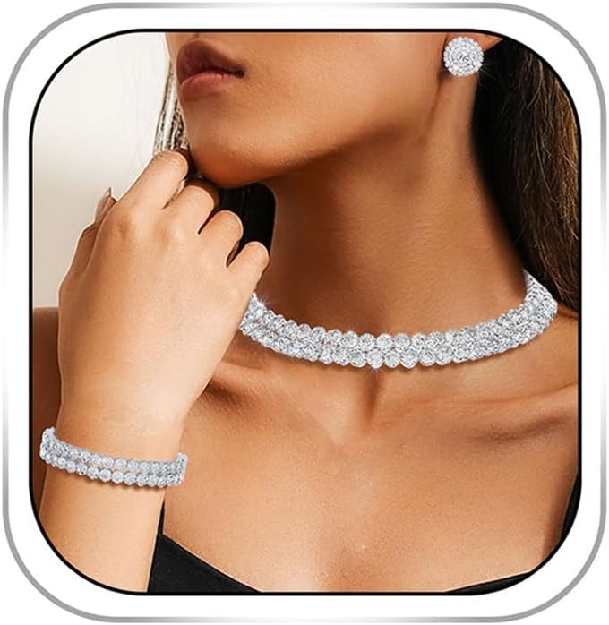 Gangel Rhinestone Necklace Earring Set Crystal Bracelet and Necklace Choker Prom Wedding Silver Jewelry Sets Accessories for Women