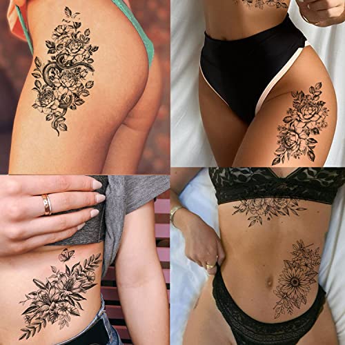 Tazimi 12 Sheets 3D Black Flower Temporary Tattoos For Women Rose Peony Flower Sketch Tattoos Stickers For Women Body Art #TOP2