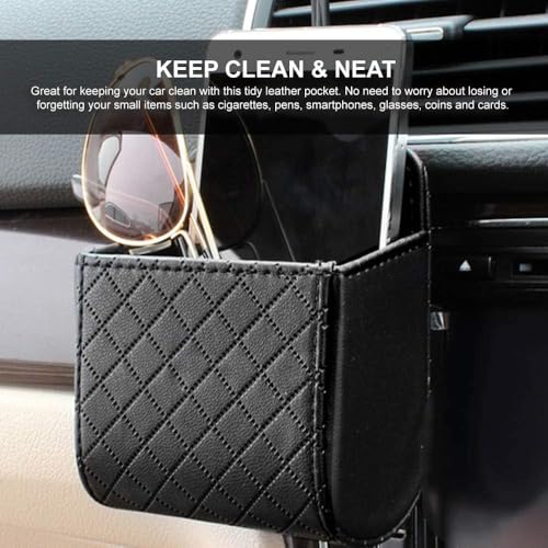 Image of Car Auto Air Vent Leather Tidy Storage Hanging Bag Case Organizer for Keys, Coin, Cell Phone & Glasses. Universal Vehicle Small Bucket with Hook. Keep Your Car Organized | Pack 2 | Black
