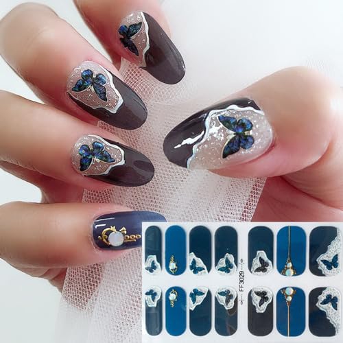 S.A.V.I 14 PCS Gel Nail Stickers – Glitter Blue Full Coverage Self-Adhesive Nail Patch