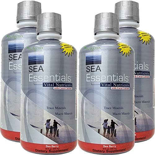 Wellgenix Sea Essentials Coral Calcium Liquid Vitamin for High Absorption - Nutritional Multivitamin Supplement - Sea Berry Flavor (32 oz) (4 Pack)