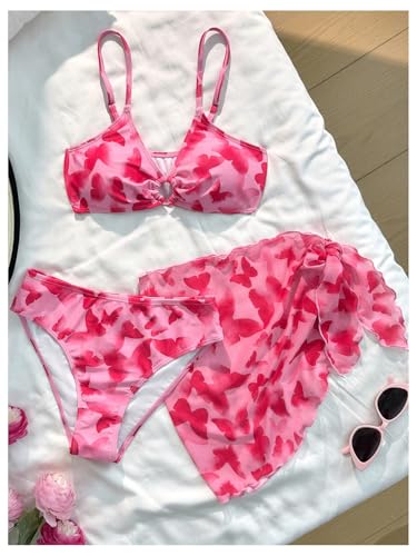 MakeMeChic Girl's 3 Piece Bikini Sets Butterfly Print V Neck Backless Swimsuit with Cover Up Skirt2