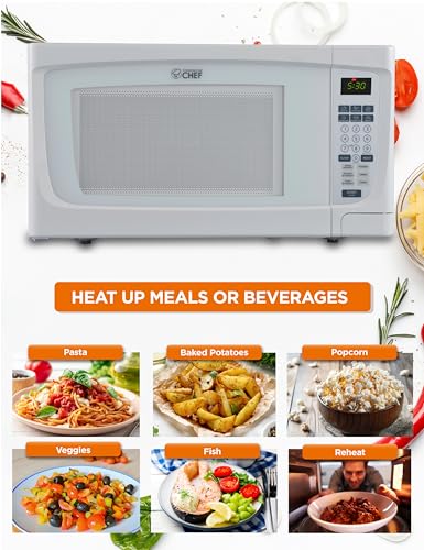 COMMERCIAL CHEF 1.6 Cubic Foot Microwave with 10 Power Levels, Small Microwave with Push Button, 1000 Watt Microwave with Digital Control Panels, Countertop Microwave with Timer, White