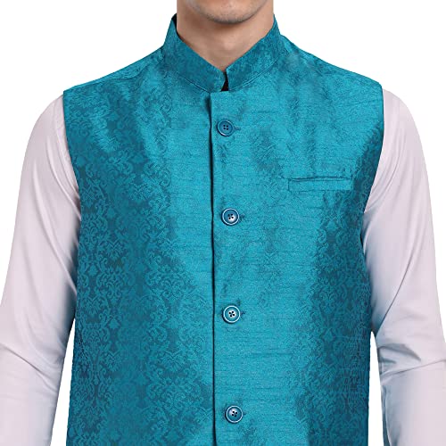 Image of SKAVIJ Mens Embellished Ethnic Wear Nehru Jacket Floral Printed Formal Waistcoat Regular Fit (Small,Turquoise)