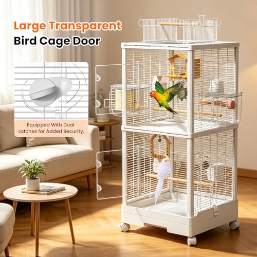 39-inch Large Double-Layer Clear Open-Top Bird Cage with Slide Out Tray,Detachable Rolling,Upright-Frame Bird Flight Cage with Perches and Feeder for Parakeet Conure Cockatiel Lovebird Budgie - Image 3