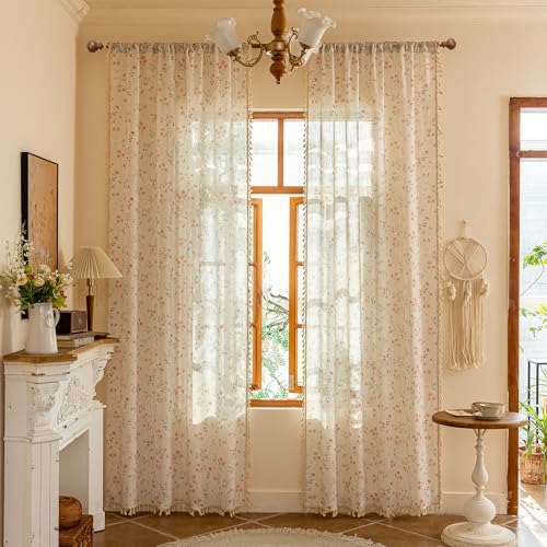 Image of MYSKY HOME Pink Floral Boho Linen Farmhouse Spring Curtains 84 Inches Long 2 Panels Set Rustic Pattern Semi Sheer Drapes with Tassels Back Tab for Living Room Girls Bedroom Nursery, 50 inch Wide