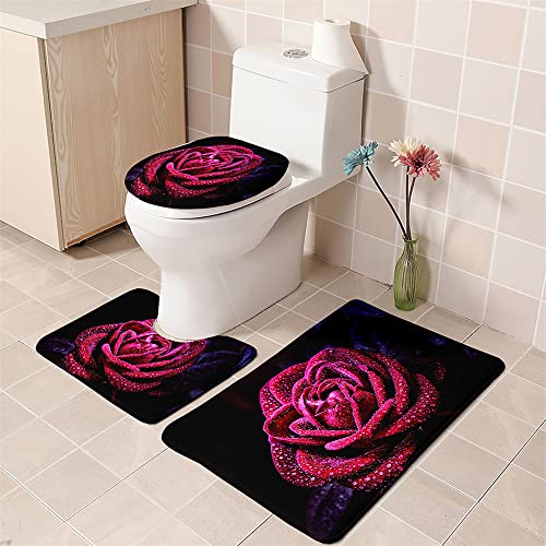 Tapis de Bain Fushia Rose Noir Tapis Salle de Bain 3 pcs Antiderapant Polyester Tapis Toilette en U Souple Tapis de Douche Absorbant Tapis WC Lavable Tapis de...