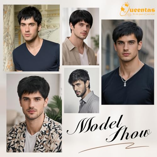 Image of QUEENTAS Short Black Wig for Men 8 Inch Natural Straight Heat Resistant Synthetic Hair for Dating Daily Use