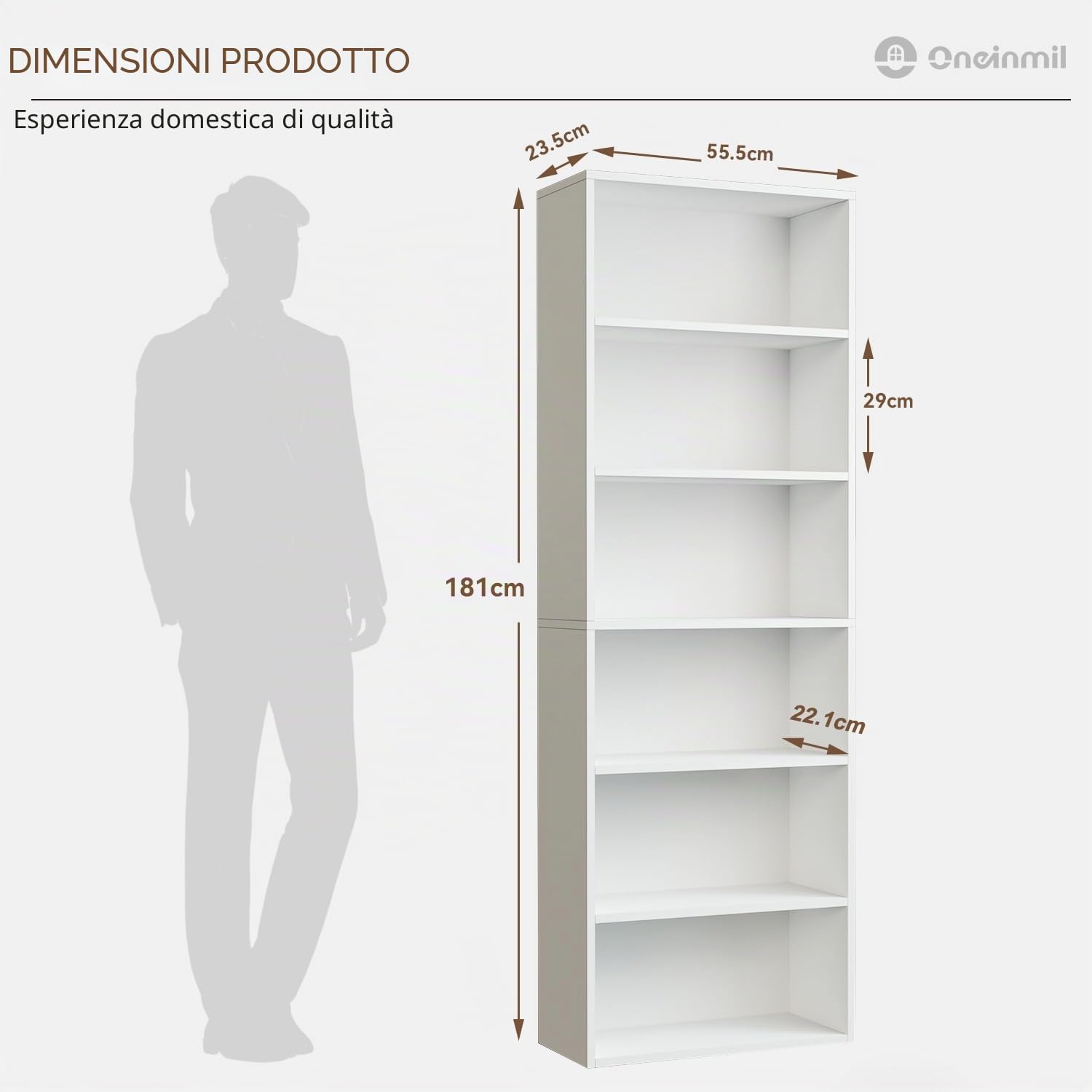 oneinmil Libreria Alta 6 Ripiani, Scaffale PortaLibri con Anta Aperta, Design Moderno per Soggiorno, Studio, Ufficio, Camera da Letto, 55.5 x 23.5 x 181 cm, Bianco