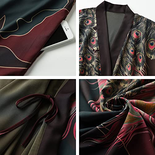 Ledamon-Womens-Kimono-Long-Robe-Classic-Pocket-Floral-Bathrobe-Peacock-feather