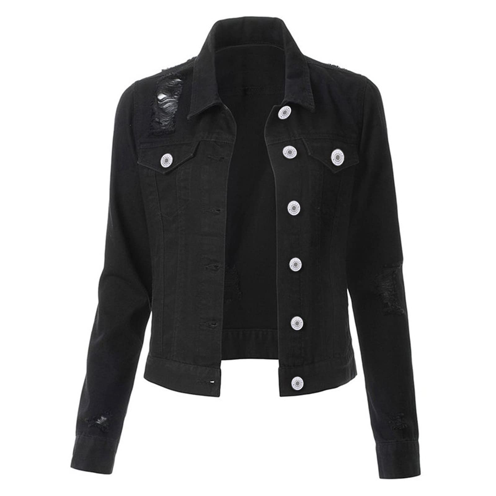 Manteau en jean long surdimensionné pour femme - Noir - Stretch - Veste de loisirs - Veste en jean sportive - Veste de mi-saison avec boutons - Veste en jean à manches longues - Veste universitaire