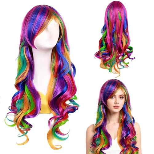 Peluca multicolor y rizos largos, ADDLIVE de colores, peluca para mujer, 28 pulgadas, multicolor, perüc-ke para mujer, arco iris para el día a día, cosplay, Halloween, carnaval