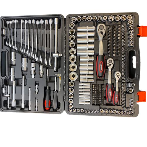 Estuche de herramientas completo de 226 piezas, incluye carracas, llaves de vaso, puntas imantadas tipo torx, allen, planas y phillips. Incluye Articulaciones universales y maletín de ordenación.