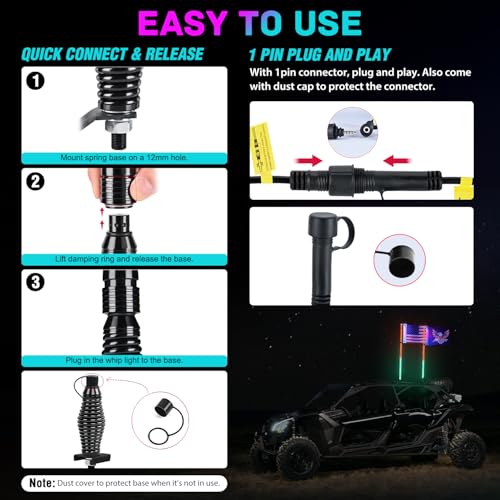 Image of Nilight LED Whip Light 2 PCS 3FT COB RGB Lighted Antenna Whips with Spring Base Remote & App Control DIY Patterns Turn Brake Reverse Lights for Can-am Offroad ATV UTV RZR Polaris Dune Buggy Truck