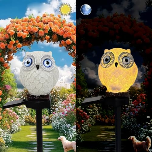 YZYOE Lumières de hibou à yeux bleus blancs alimentées par solaire, lampe de sol d'animal mignon en résine décorative jardin, crépuscule sans fil à...